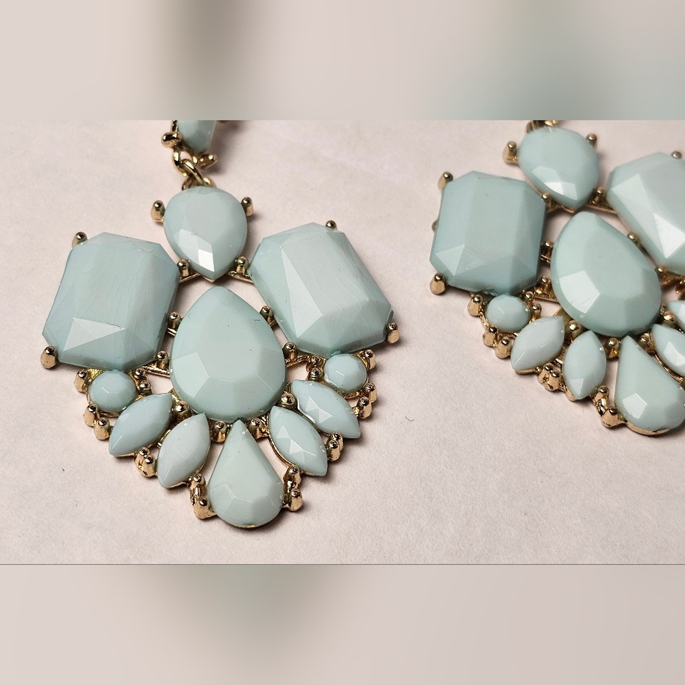 Dangle Earrings ■□ Gold Toned □■ Studded Blue Gem Stones - Picture 3 of 12